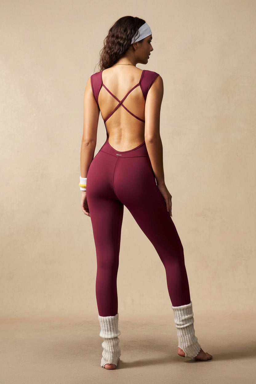 Burgundy Cutout Cross-Back Jumpsuit
